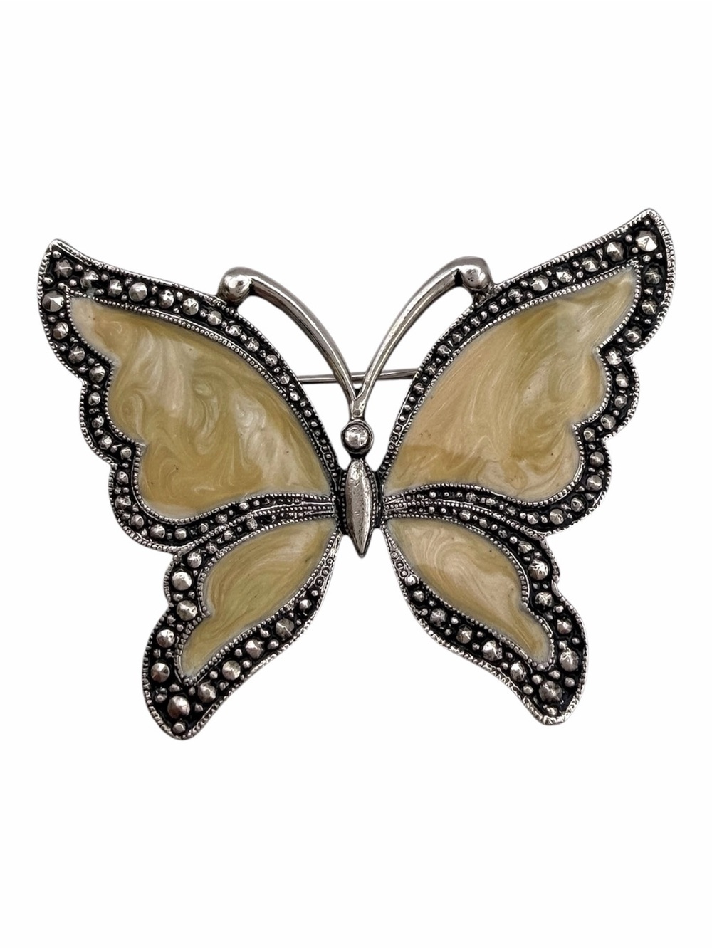 Vintage Avon Whispering Wings Butterfly Brooch Cream Enamel Marcasite Silver